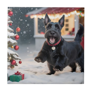 Carreau Chien écossais de Terrier jouant à la neige de Noë
