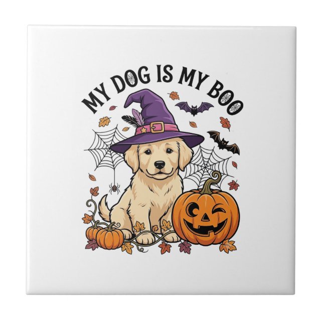 Carreau Chien est Boo Halloween Sorcière Chiot Citrouille_ (Devant)