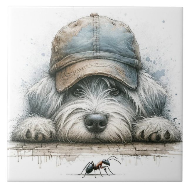 Carreau Chien fantaisiste regardant une araignée (Devant)