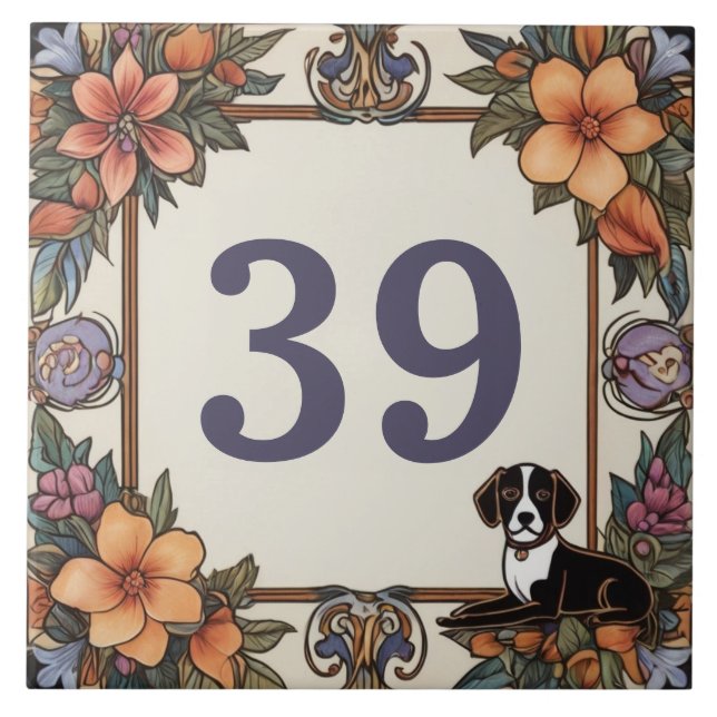Carreau Chien & Fleurs Numéro de maison personnalisé Plaqu (Devant)