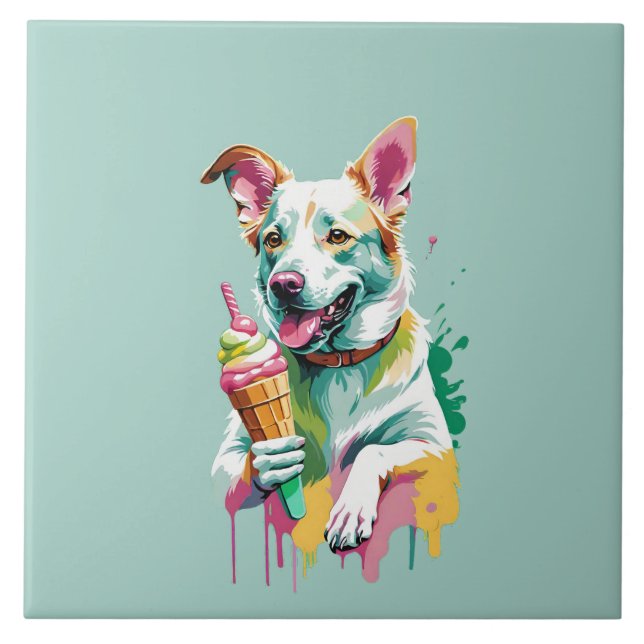 Carreau Chien heureux mangeant une glace (Devant)