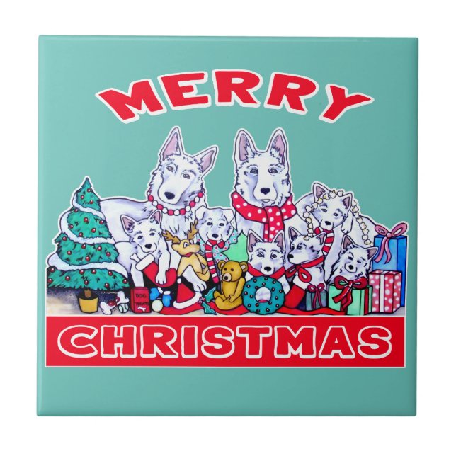 Carreau Chien Joyeux Noël Blanc Berger Fête GSD Fun (Devant)