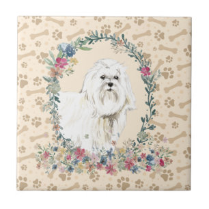 Carreau Chien maltais Empreinte de patte Floral Cute Beige