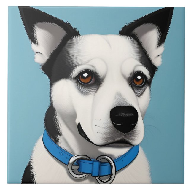 Carreau Chien noir et blanc avec collier bleu (Devant)