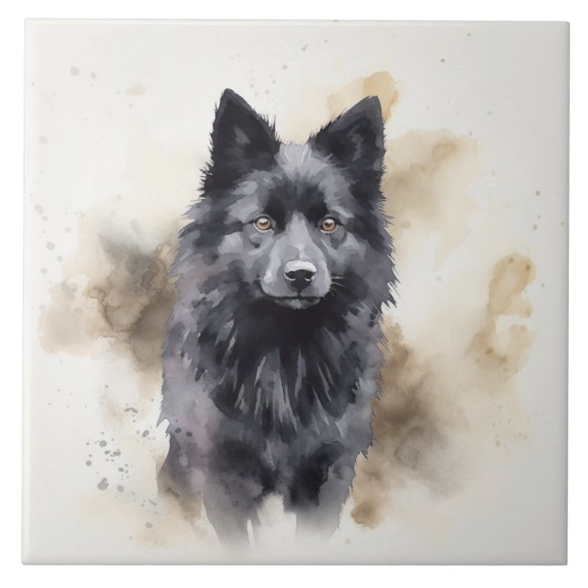 Carreau Chien noir Schipperke, Aquarelle (Devant)