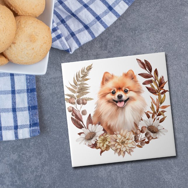 Carreau Chien rouge Poméranie Automne Wreath (Créateur téléchargé)