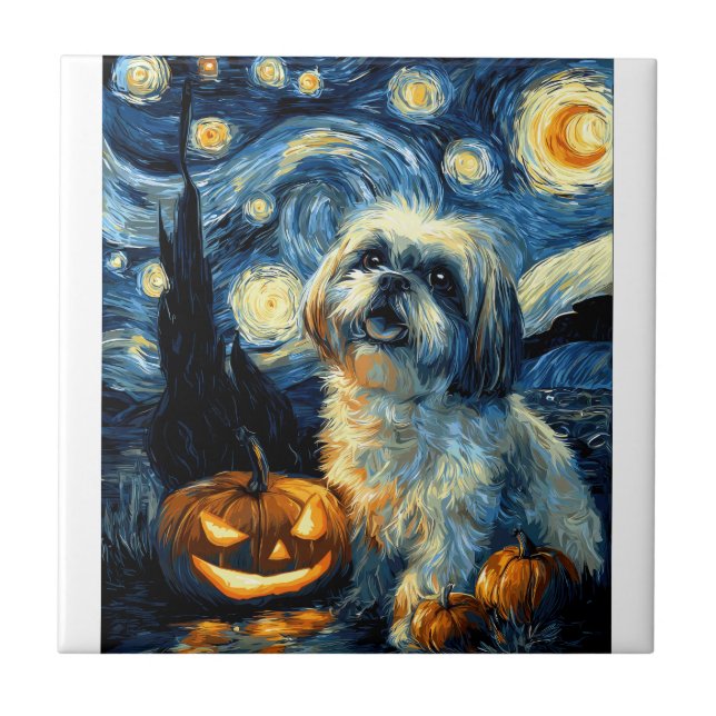 Carreau Chien Shih Tzu mignon citrouille de Halloween Jack (Devant)