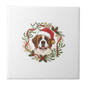 Carreau Chien St Bernard Noël Chapeau de Père Noël Couronn