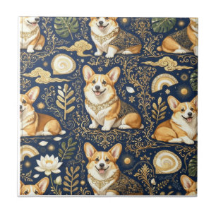 Carreau Chiens Corgi Élégants Motif Damassé Or Bleu Marine