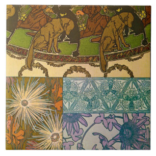 Carreau Chiens et fleurs de style Art Nouveau, Mucha