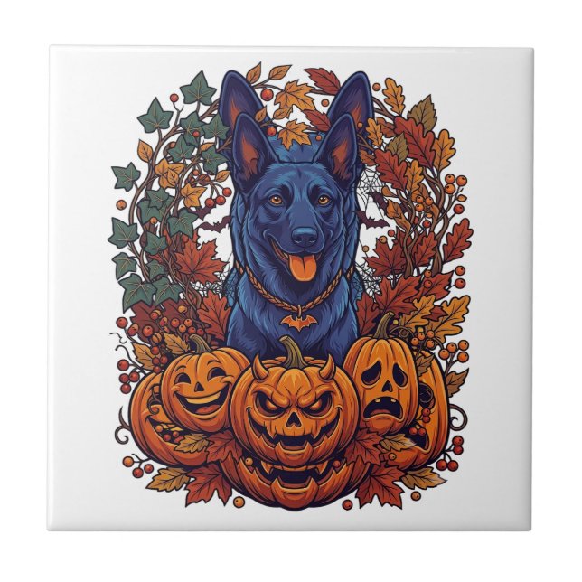 Carreau Chiens Pitbull Bleus Citrouilles Halloween Feuille (Devant)