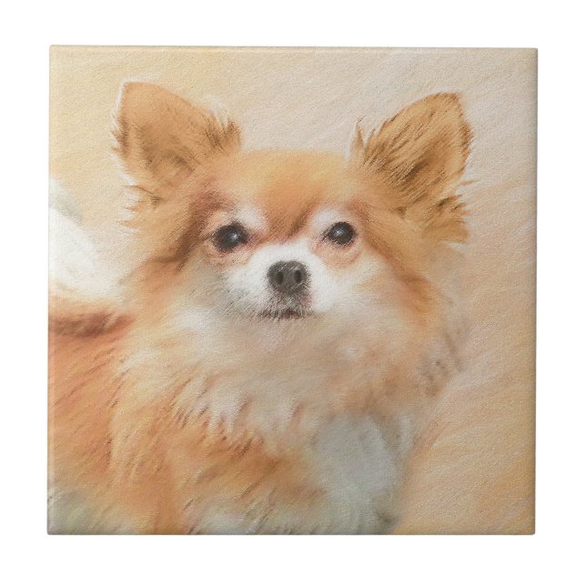Carreau Chihuahua Peinture de Chien à long Haired Art orig (Devant)