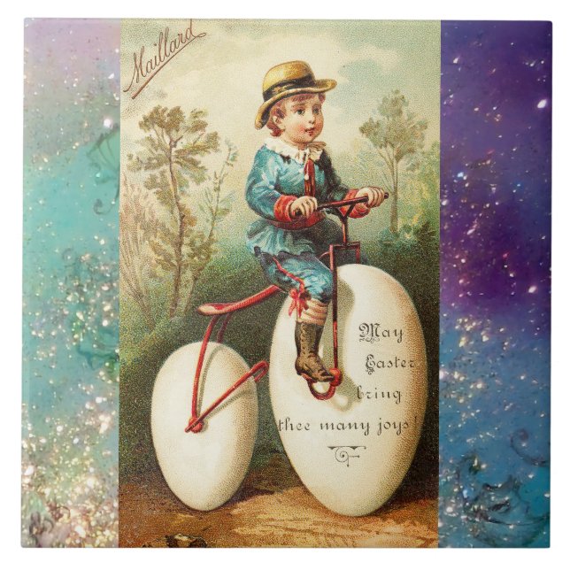 CARREAU CHILD WITH EASTER EGG BIKE AND COLORFUL FLOWERS (Devant)
