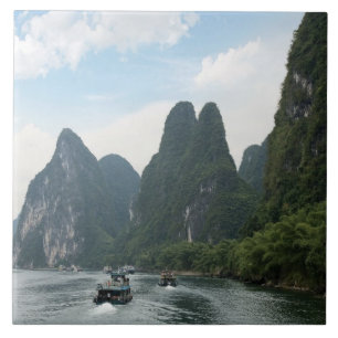 Carreau Chine, Guilin, rivière Li, bateaux de rivière bord