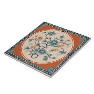 Carreau Chine traditionnelle Fleur d'encre orange Art 5