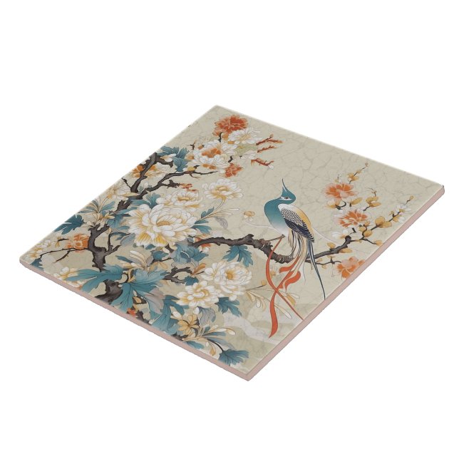 Carreau Chine Traditionnelle Oiseau D'Encre Orange Et Fleu (Côté)