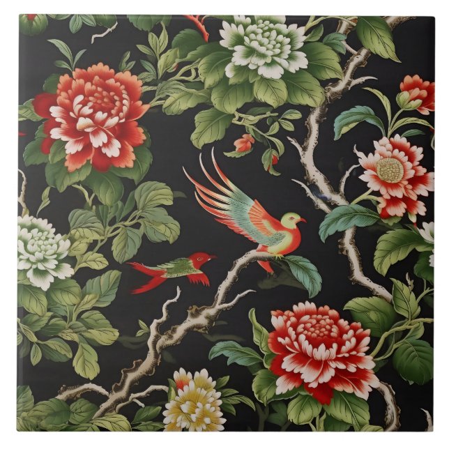 Carreau Chinese red green floral pattern tile (Devant)