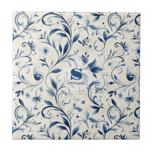 Carreau Chinoiserie aquarelle bleue vigne et fleurs