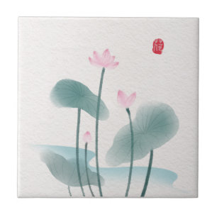 Carreau Chinoiserie Chinoise Lave-encre peinture Lotus Flo