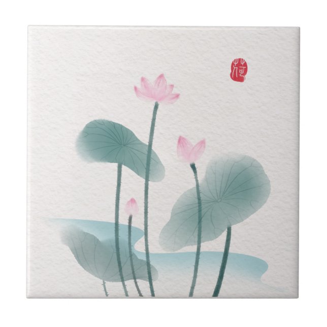 Carreau Chinoiserie Chinoise Lave-encre peinture Lotus Flo (Devant)