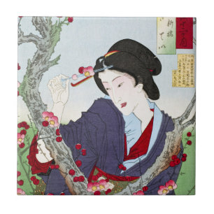 Carreau Chinoiserie Dame japonaise et fleur de cerisier ro
