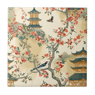 Carreau Chinoiserie Élégante - Pagodes, Fleurs et Oiseaux