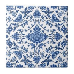 Carreau Chinoiserie florale bleue aquarelle blanche