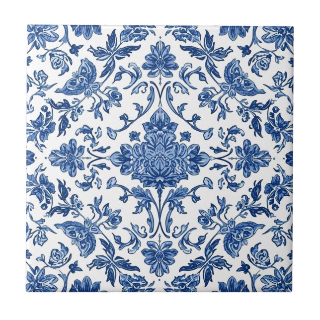 Carreau Chinoiserie florale bleue aquarelle blanche (Devant)