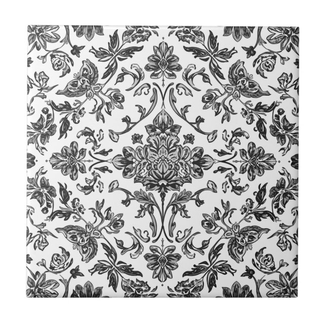 Carreau Chinoiserie Florale Noir & Blanc Aquarelle (Devant)