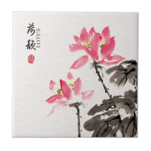 Carreau Chinoiserie Libre Aquarelle Lotus Fleurs