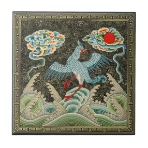 Carreau Chinoiserie Motif d'oiseau de grue dorée et de vag