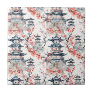 Carreau Chinoiserie Pagode Bleue Fleur Rose Florale