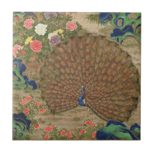 Carreau Chinoiserie Paon Bleu avec Jardin de Fleurs Exotiq