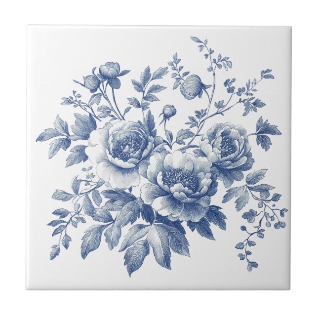 Carreau Chinoiserie Toile Bleue Fleurs Aquarelle (Devant)
