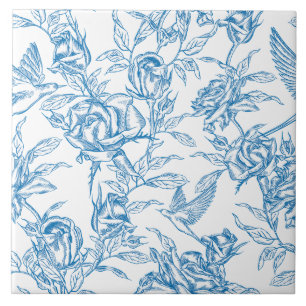 Carreau Chinoiserie Vintage Rose Bleue Florale Oiseau