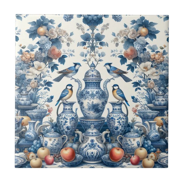 Carreau Chinoiserie Vintage Style Oiseaux & Vases Coussin (Devant)