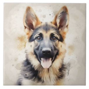 Carreau Chiot berger allemand, aquarelle