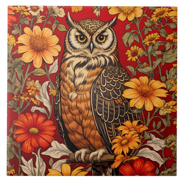 Carreau Chouette À Rayures Et Fleurs De Zinnia (Devant)