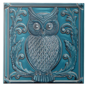 Carreau Chouette Art nouveau bleu sarcelle foncé faux reli