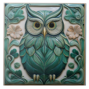 Carreau Chouette Art nouveau vert sarcelle en faux relief