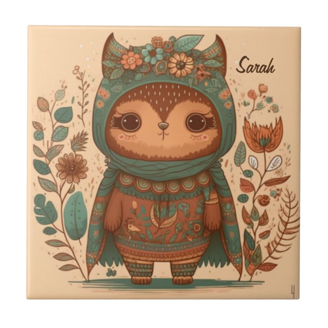 Carreau Chouette fleurie boho mignonne personnalisée (Devant)