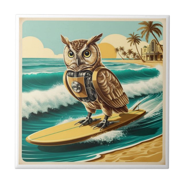 Carreau Chouette robot vintage surfant sur la plage (Devant)