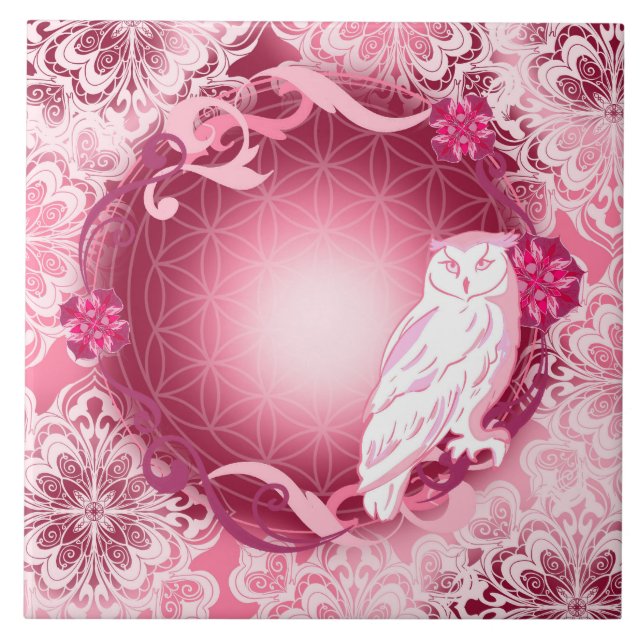 Carreau Chouette rose mignonne avec fleur de vie  (Devant)