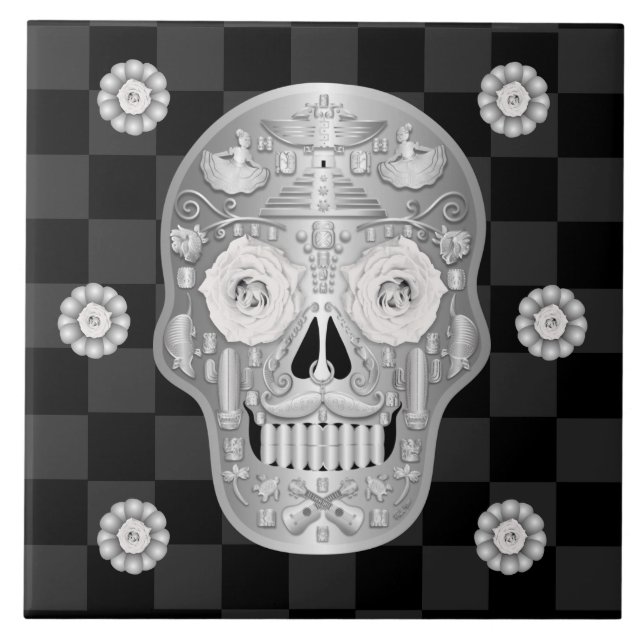Carreau Chrome Calavera (Rose blanche) Carrelage en cérami (Devant)