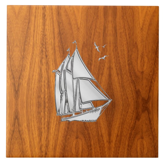 Carreau Chromes Silver like Sailboat on Teak Veneer (Devant)