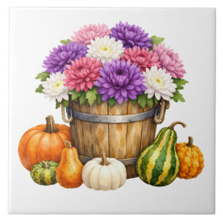 Carreau Chrysanthème d'automne à l'aquarelle, citrouilles,