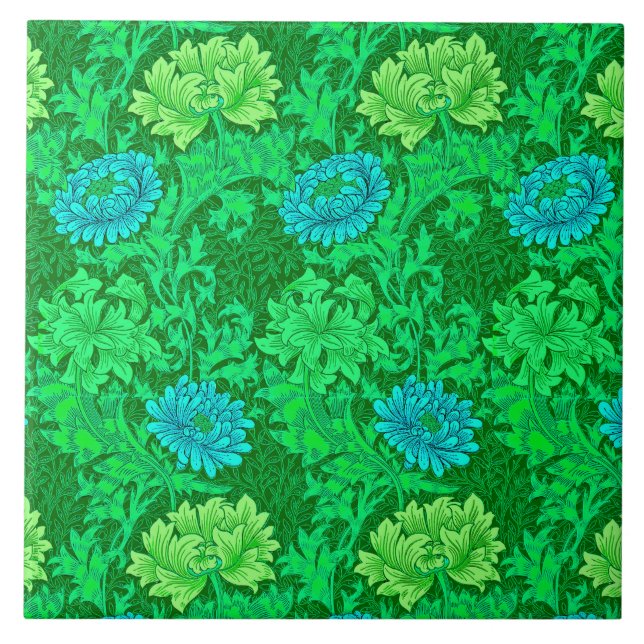 Carreau Chrysanthèmes Art Nouveau, Lime Green & Aqua (Devant)