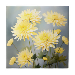 Carreau Chrysanthèmes D'Aquarelle Sur Un pré Jaune Clair