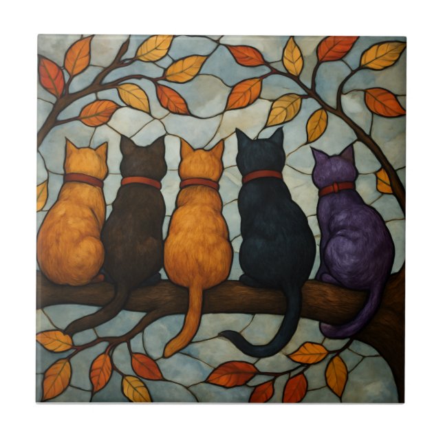 Carreau Cinq chats sur une branche d'arbre de style vitrai (Devant)
