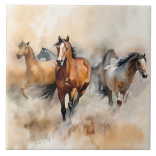 Carreau « Cinq mustangs sauvages » Aquarelle occidentale p